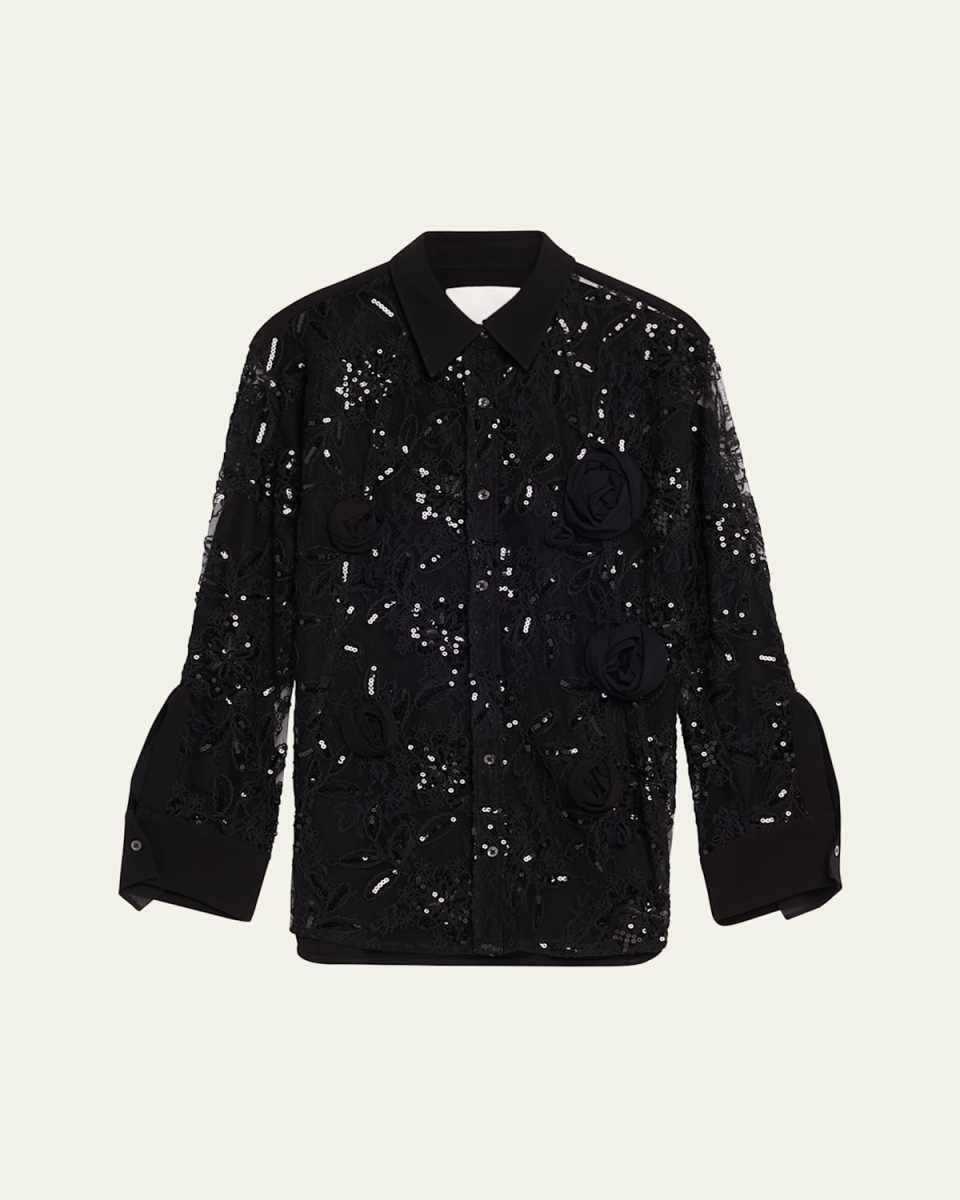 Rosette Sequined Lace Sheer Button-Down Shirt